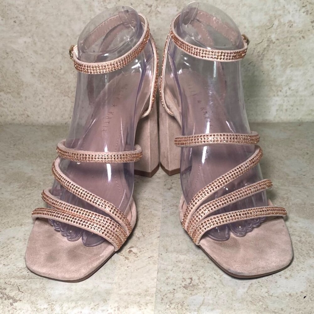 Strappy‎ Nude Rhinestone Sandals With Block Heels Prom Wedding Party